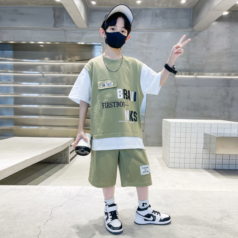 男童夏装短袖夏季假两件套装中大童2025新款儿童运动帅气炸街酷潮