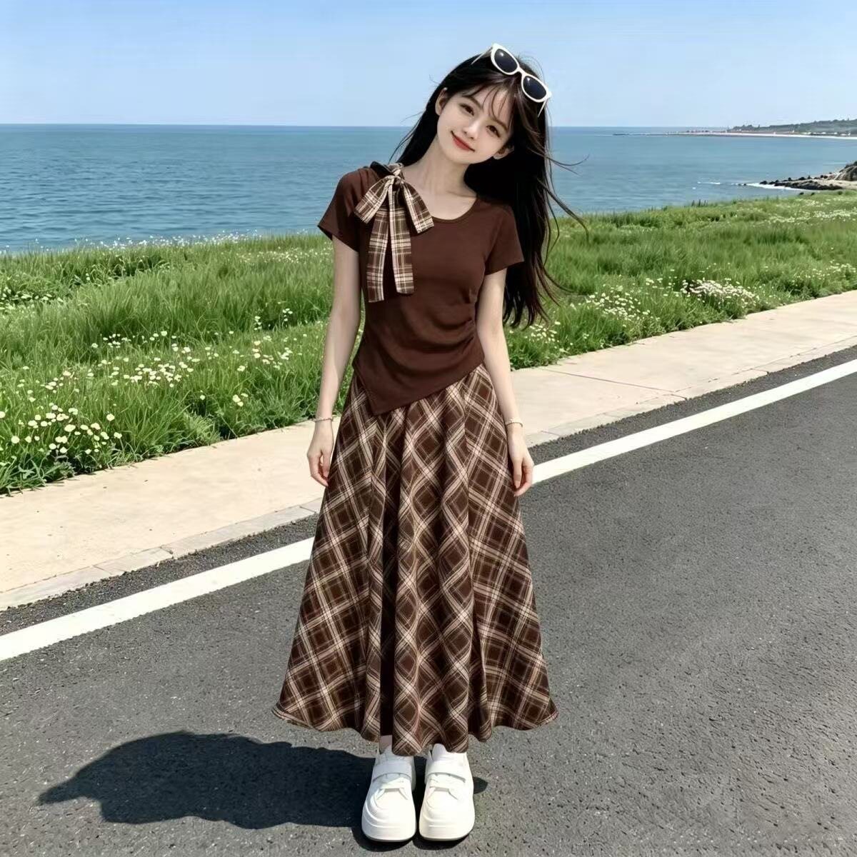 女童蝴蝶结时髦套装裙2026夏季新款规则上衣格纹半身裙韩系两件套