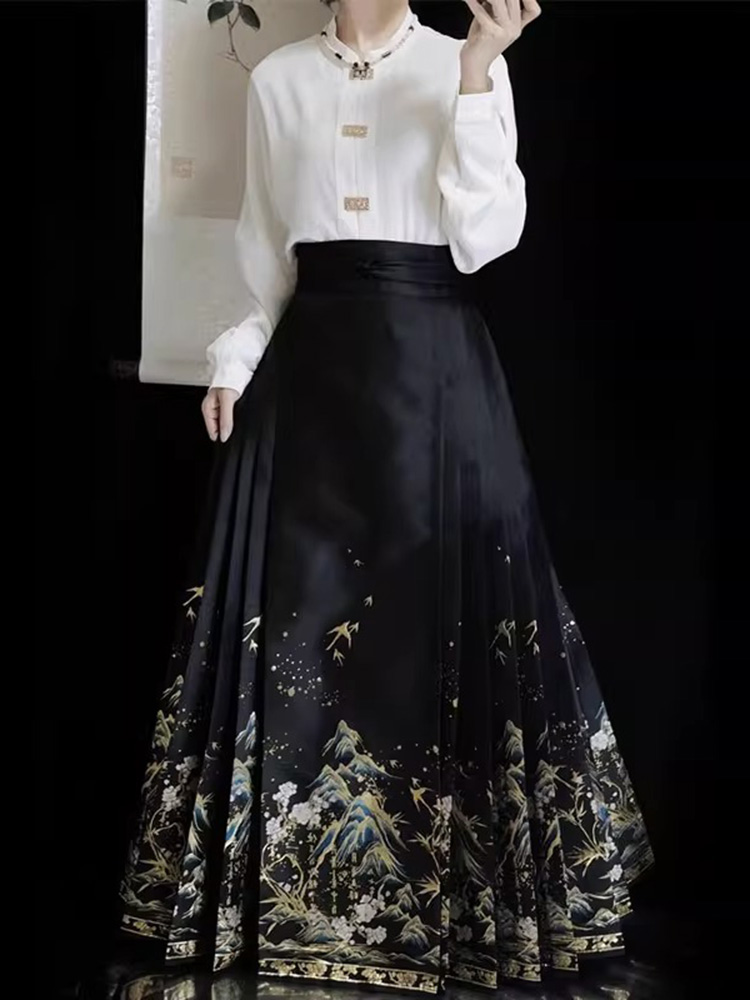 新中式国风改良汉元素黑色马面裙半身裙女套装汉服2023新款古典风