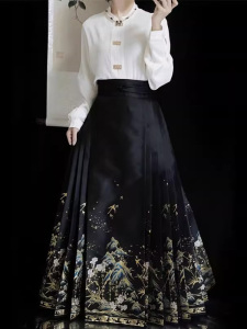 新中式国风改良汉元素黑色马面裙半身裙女套装汉服2023新款古典风