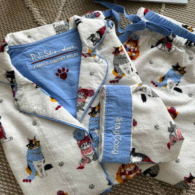 【彩色爪印猫咪】pjs纯棉磨毛睡衣女士家居服秋冬季长袖睡衣套装