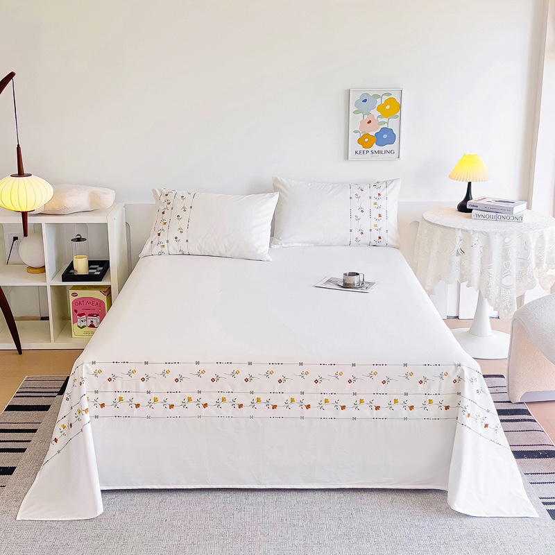 田园清新范！外贸绣花床单单件纯棉全棉斜纹白色刺绣单双人睡单