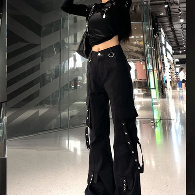 暗黑系潮裤女2025春夏不贴腿的休闲直筒工装喇叭裤女黑色裤子