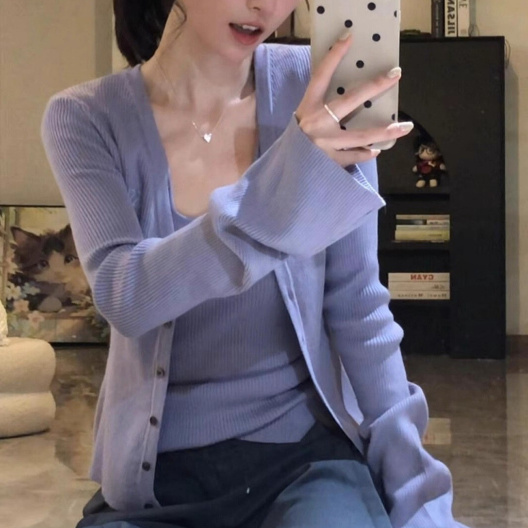 巨好看的早秋韩系穿搭chic别致紫色针织开衫外套吊带两件套上衣