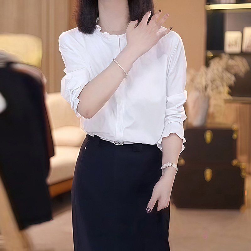 法式白色木耳边立领衬衫女士春秋新款轻奢高级感减龄洋气衬衣上衣