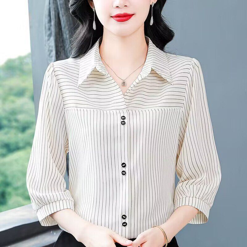 中年妈妈夏装翻领竖条纹七分袖衬衫女士套头中袖衬衣减龄雪纺上衣