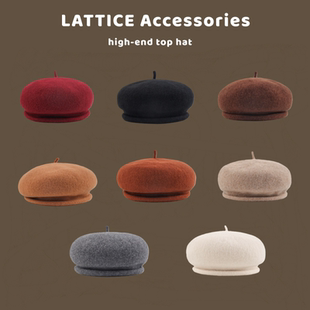 韩系秋冬针织贝雷帽女生百搭纯色卷边蓓蕾帽咖啡色大帽顶画家帽子