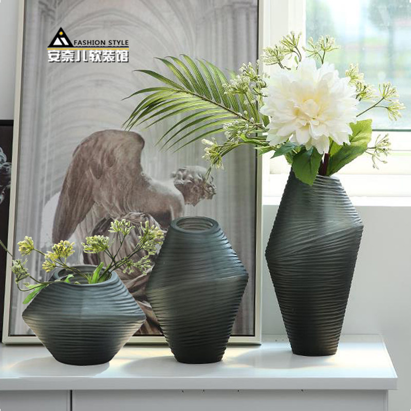 灰色螺纹玻璃花瓶摆件美式创意客厅玄关插花花器样板间装饰品摆设