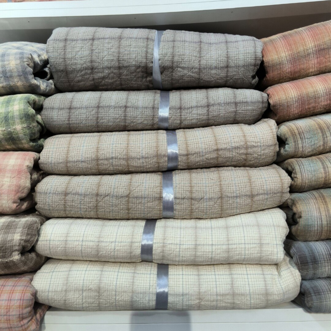 实体店沐瑟纯棉水洗四层纱布提花格子纱布盖毯双人毛巾被床盖枕巾