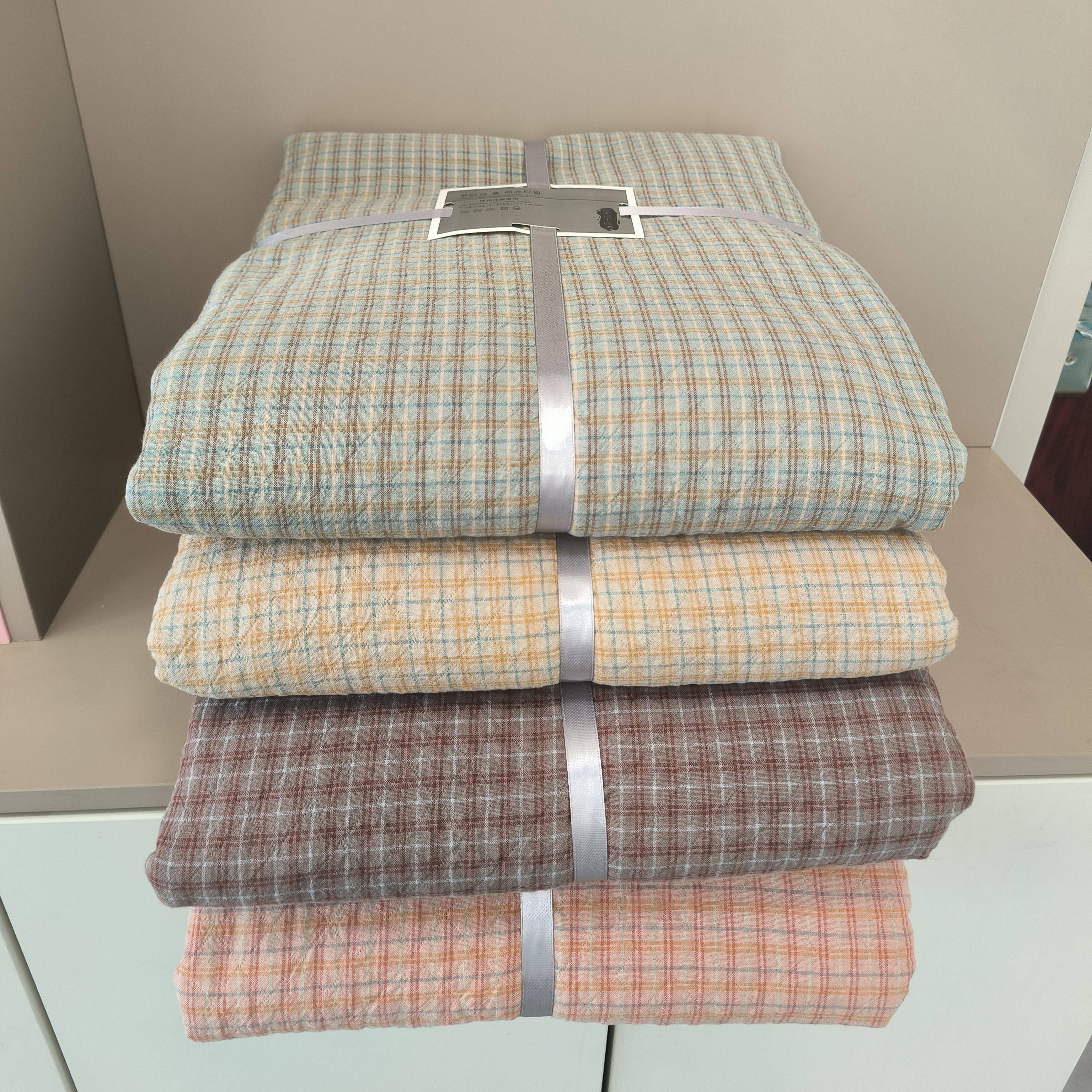 实体店沐瑟纯棉四层纱布水洗提花双人加大格子毛巾被纱布盖毯床盖