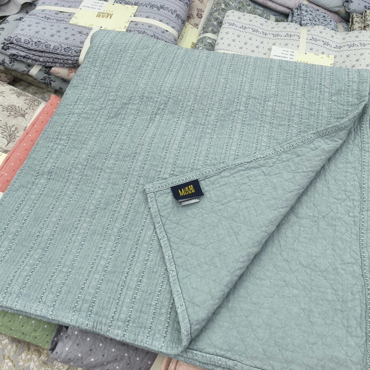 实体店沐瑟纯棉水洗四层纱布提花格子纱布盖毯双人毛巾被床盖枕巾