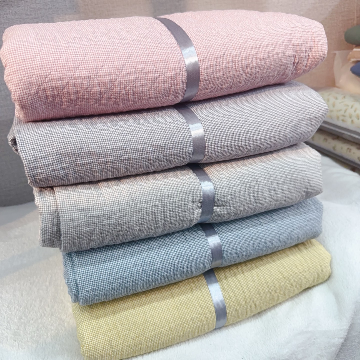 实体店沐瑟新款纯棉四层纱布小格水洗单人双人毛巾被纱布盖毯床盖