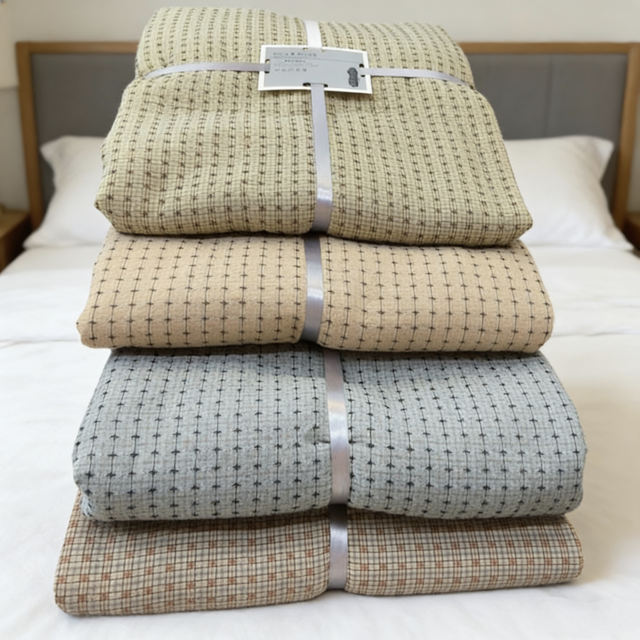 实体店沐瑟纯棉四层纱布水洗提花十字格子双人毛巾被纱布盖毯床盖