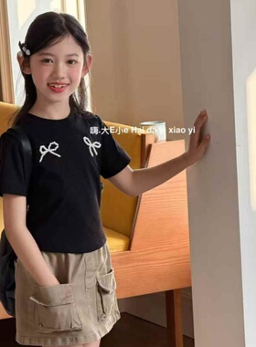 大E小eT恤2026夏新品女童修身小短袖韩版珍珠蝴蝶结洋气半袖1136
