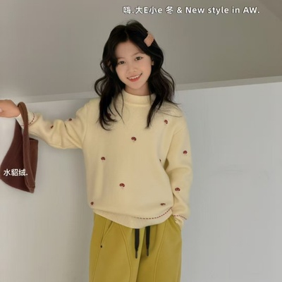 大E小儿童加绒毛衣2025冬半高领线衫女童一体绒加厚红色上衣99997