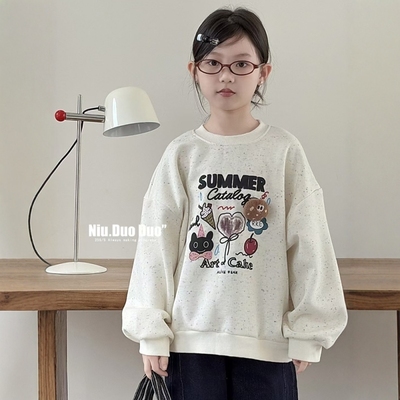 牛哆哆2025秋女童圆领上衣中大童小熊卡通印花彩点宝宝卫衣63971