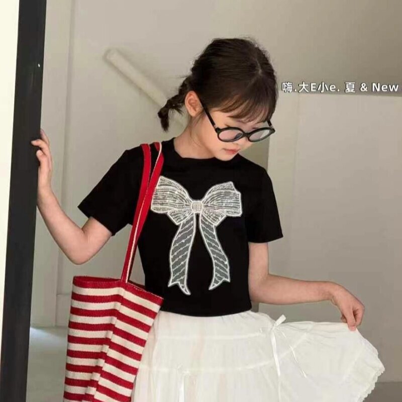 大E小e女童t恤2025夏款短版短袖中大童修身T恤蝴蝶结洋气上衣8279