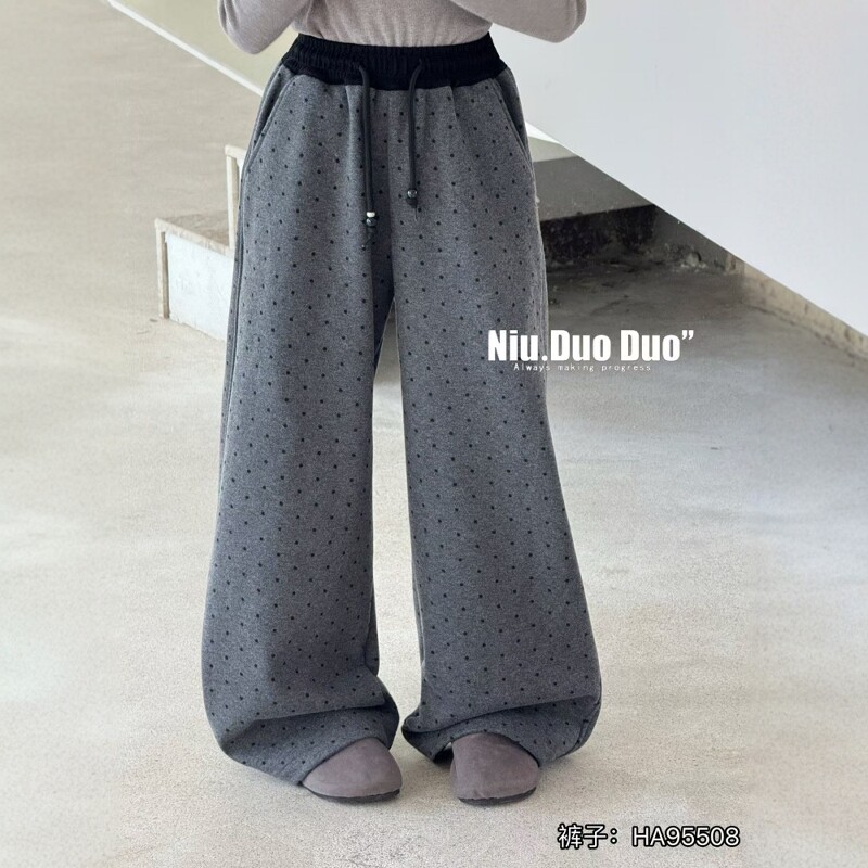 牛哆哆女童直筒裤2025秋冬阔腿裤青少年圆点加绒加厚呢裤子95508