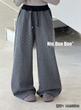 牛哆哆女童直筒裤2025秋冬阔腿裤青少年圆点加绒加厚呢裤子95508