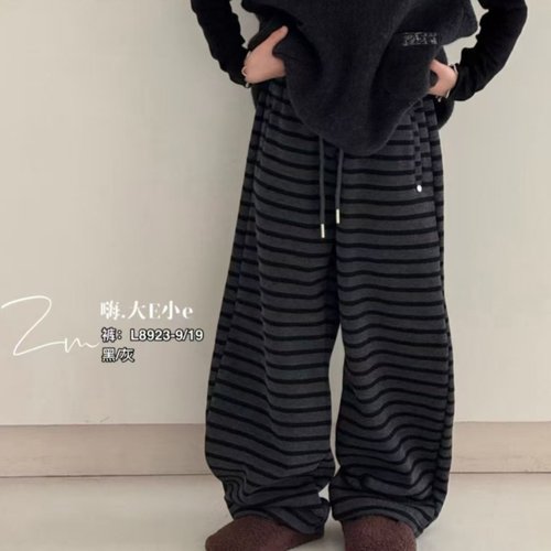 大E小e儿童弯刀裤2025秋冬女童加绒阔腿裤青少年一体绒条纹裤8923