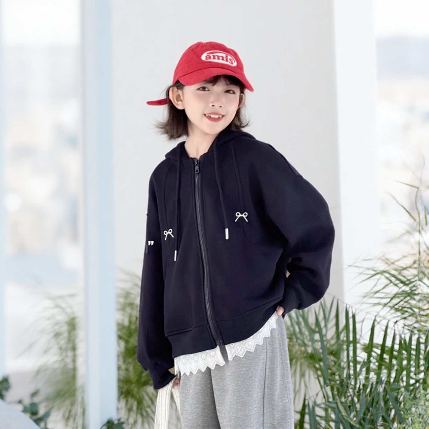 牛哆哆女童外套2025秋新款儿童花边蝴蝶结针织衫帽衫夹克衫72619