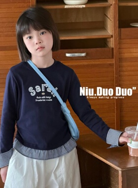 牛哆哆儿童休闲打底衫2026春新款女童格子拼接小短T宝宝上衣29107