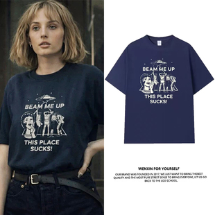 美剧怪奇物语5罗宾同款Beam Me Up美式宽松纯棉短袖t恤男女上衣服