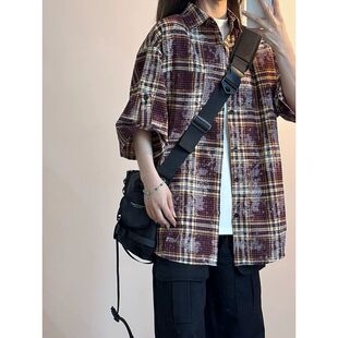 2025夏季新款——网络图CS352#袖飘带格子短袖衬衫杏色红色原版