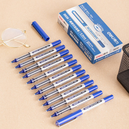 得力S656蓝色直液式走珠笔 0.5水笔学生办公签字笔碳素水性中性笔