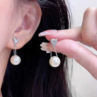 爆 七夕情人节简约温柔满钻爱心珍珠吊坠耳环925银针耳钉2024新款