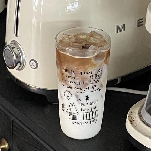 ins简约线条涂鸦玻璃杯可爱透明高硼硅咖啡牛奶杯耐高温家用水杯