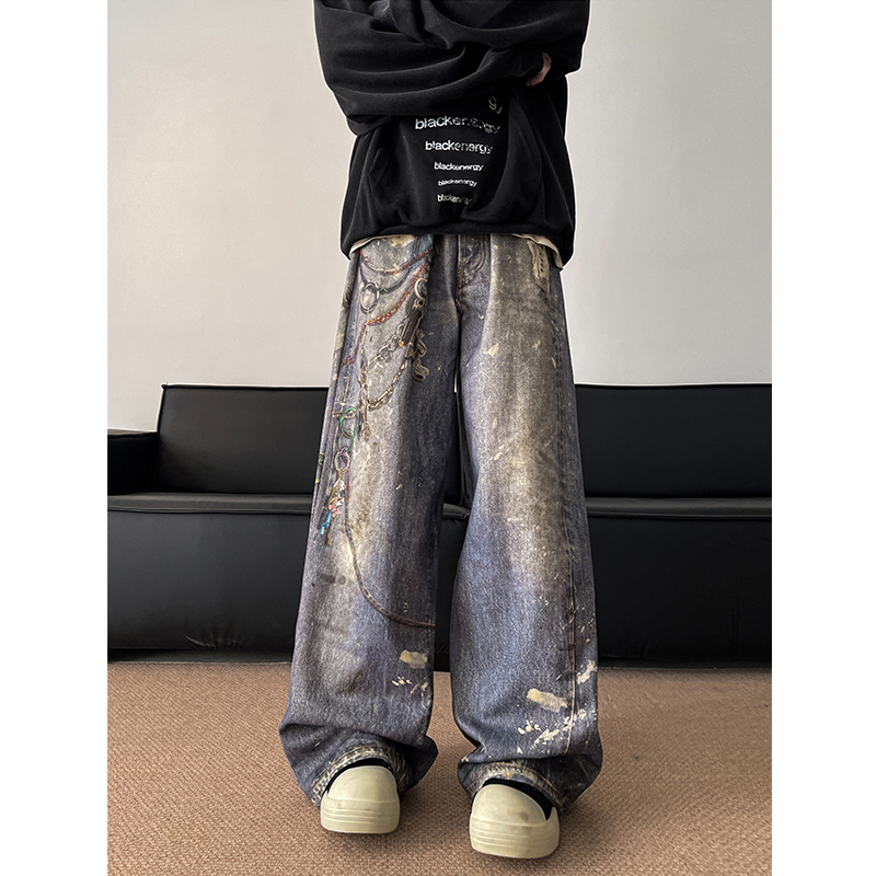 3D数码链条印花牛仔裤男潮牌街头