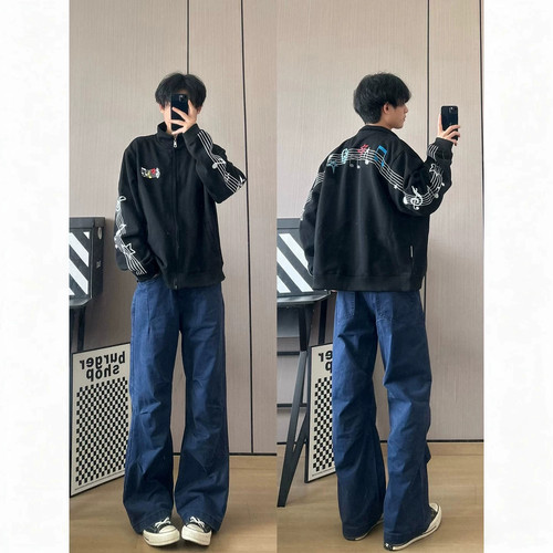 法工蓝褶皱工装牛仔裤男款秋春美式高街弯刀微喇裤cleanfit休闲裤