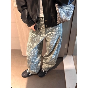 复古腰果花印花做旧牛仔裤廓形弯刀裤子cleanfit显瘦直筒休闲长裤