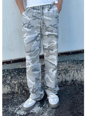 灰白色沙漠迷彩牛仔裤男款美式复古伞兵工装裤子直筒休闲微喇长裤