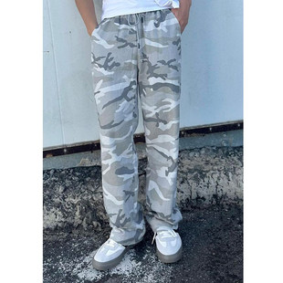 灰白色沙漠迷彩牛仔裤男款美式复古伞兵工装裤子直筒休闲微喇长裤