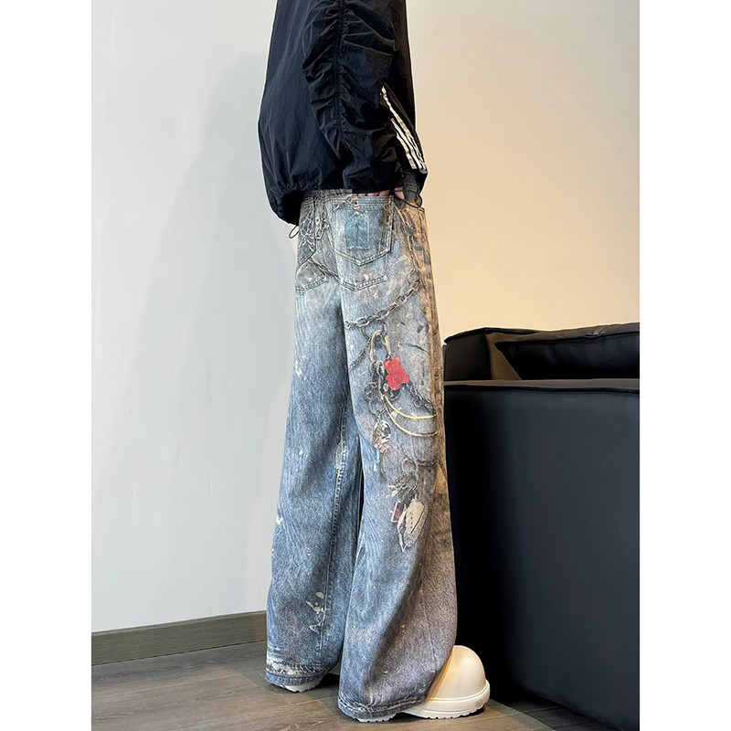 数码印花链条牛仔裤美式复古