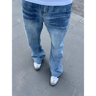 cleanfit浅蓝色闪电纹牛仔裤男款美式高街vibe裤子直筒微喇弯刀裤
