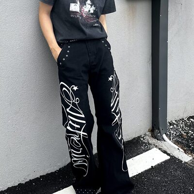 美式复古高街荆棘印花阔腿牛仔裤