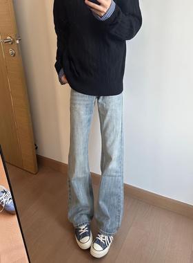 ykee闪电纹牛仔裤男秋季美式修身显瘦弯刀裤子高腰窄版直筒微喇裤