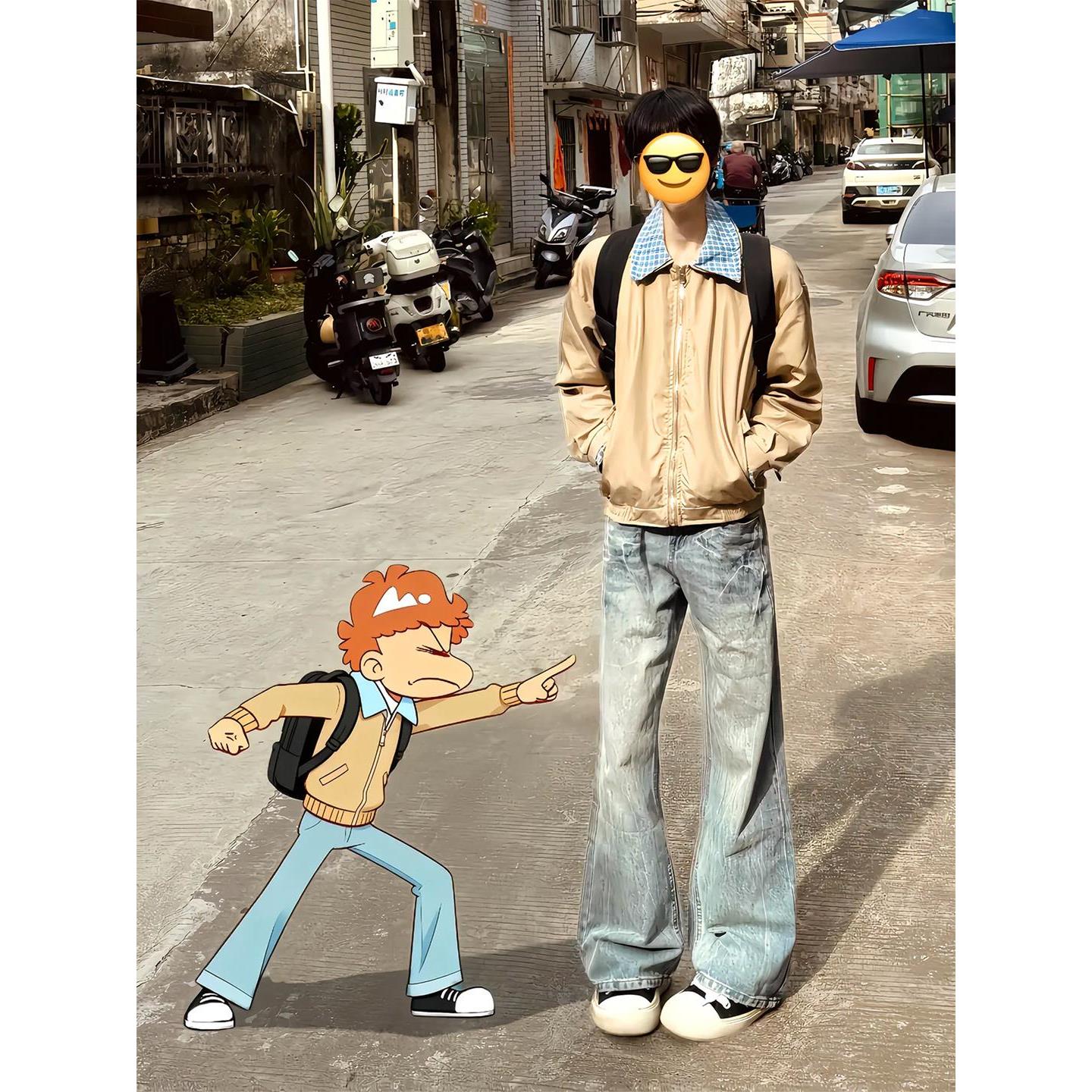 浅蓝色弯刀牛仔裤男款秋季闪电纹