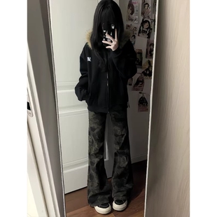 美式高街迷彩微喇裤男女秋冬加绒加厚裤子复古vibe窄版提档微喇裤