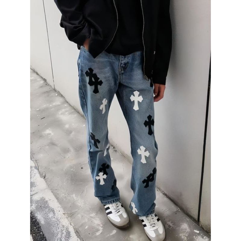 十字架贴皮刺绣牛仔裤男女网红