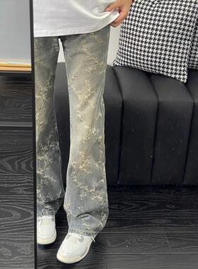 美式cleanfit荆棘提花牛仔裤男秋季高街vibe裤水洗直筒微喇弯刀裤