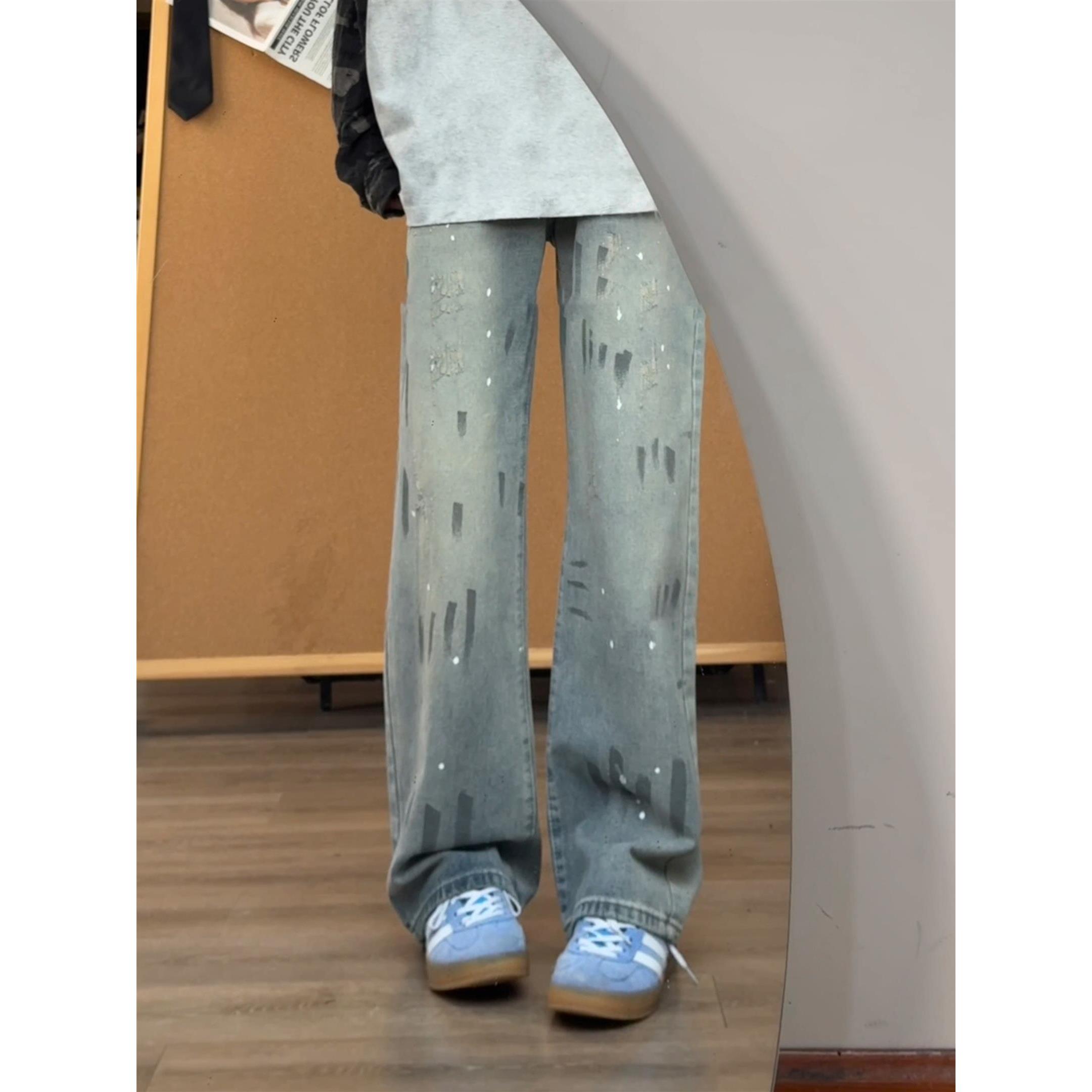 美式复古泼墨扎染牛仔裤男微喇裤