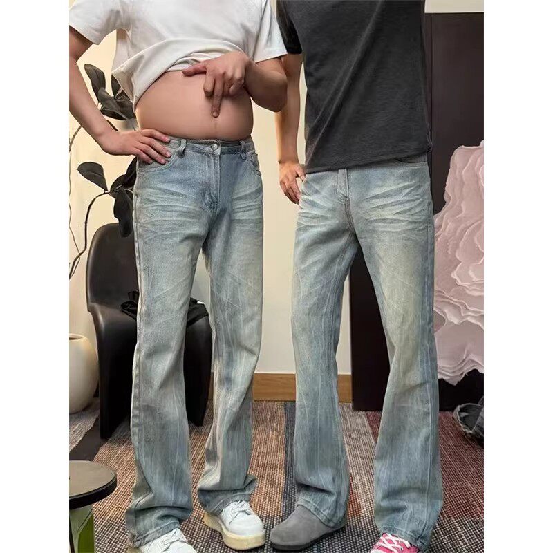 美式闪电纹弯刀牛仔裤男夏季薄款腿粗屁股大修身显瘦直筒微喇裤子