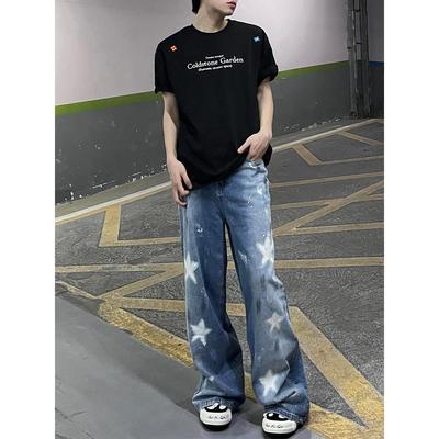 五角星涂鸦牛仔裤男款夏季薄款