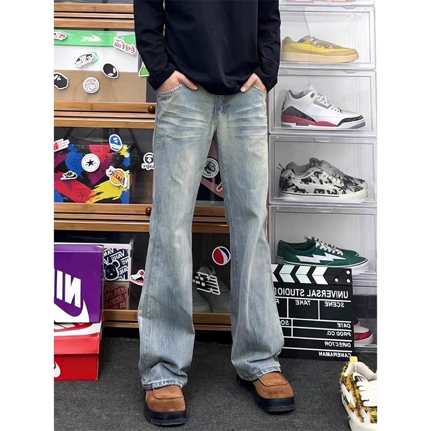 复古蓝闪电纹弯刀牛仔裤男冬加绒