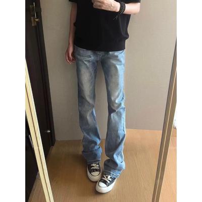 浅蓝色弯刀牛仔裤男直筒微喇裤