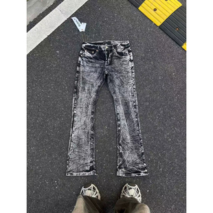 美式高街快手网红洗水做旧裂纹微喇叭牛仔裤男显瘦休闲长裤